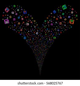 Floppy Disk fireworks stream. Vector illustration style is flat bright multicolored iconic symbols on a black background. Object double fountain combined from random icons.