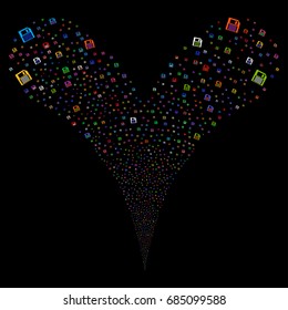 Floppy Disk fireworks stream. Vector illustration style is flat bright multicolored iconic floppy disk symbols on a black background. Object fountain constructed from random symbols.