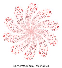 Floppy Disk fireworks swirl flower with ten petals. Vector illustration style is flat red scattered symbols. Object whirl created from random pictograms.
