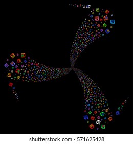 Floppy Disk fireworks swirl rotation. Vector illustration style is flat bright multicolored iconic symbols on a black background. Object spiral organized from random icons.