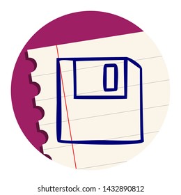 Floppy Disk. Free Hand Icon on a Notebook Sheet