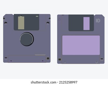 el disco flexible de color de uva se ve en el lado delantero y trasero aislado en blanco. Almacenamiento de información de computación retro y sistema de archivos de almacenamiento en la era de los años 90