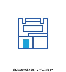 Floppy disk icon in blue outline style. Symbol of old data storage. Vector illustration isolated on white background.