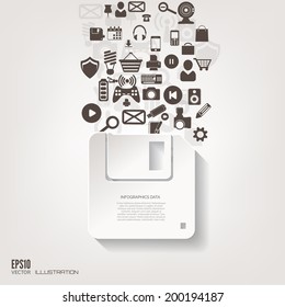 Floppy disk icon. Flat abstract background with web icons. Interface symbols. Cloud computing. Mobile devices.Business concept.