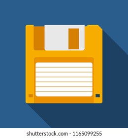 Floppy Disk icon in flat style on blue background with shadow. HD diskette old data media. Vector Illustration