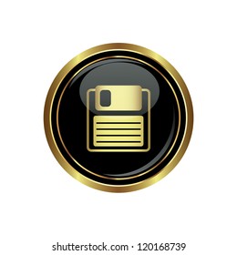 Floppy disk icon on the black with gold round button. Vector illustration