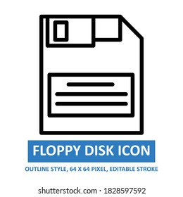 floppy disk icon outline style on white background. vector illustration. base 64 x 64 pixels. expanded.	