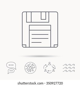 Floppy disk icon. Retro data storage sign. Global connect network, ocean wave and chat dialog icons. Teamwork symbol.