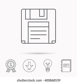 Floppy disk icon. Retro data storage sign. Download arrow, lamp, learn book and award medal icons.