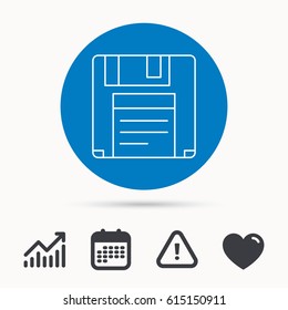 Floppy disk icon. Retro data storage sign. Calendar, attention sign and growth chart. Button with web icon. Vector