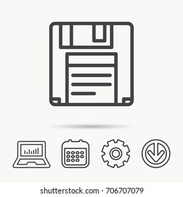 Floppy disk icon. Retro data storage sign. Notebook, Calendar and Cogwheel signs. Download arrow web icon. Vector