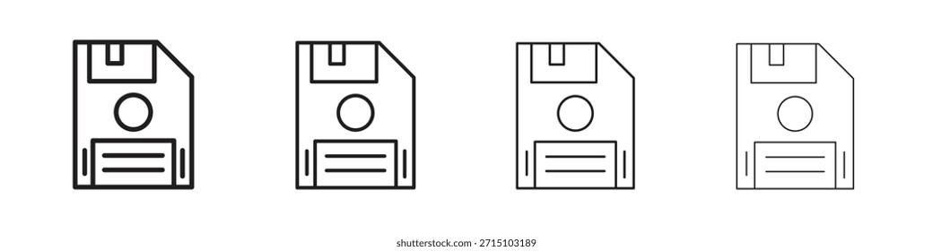 Diskettensymbol-Set. Eine Sammlung von einfachen schwarzen dünnen Strichen Symbole