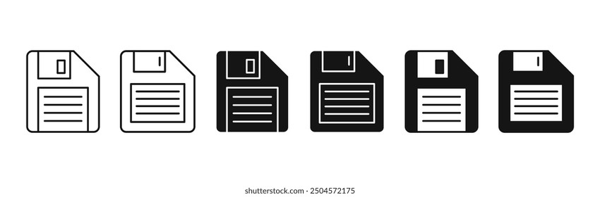 Floppy disk icon set. Save file button icon set. Diskette vector symbol in black filled and outline style. Perfect for apps and website