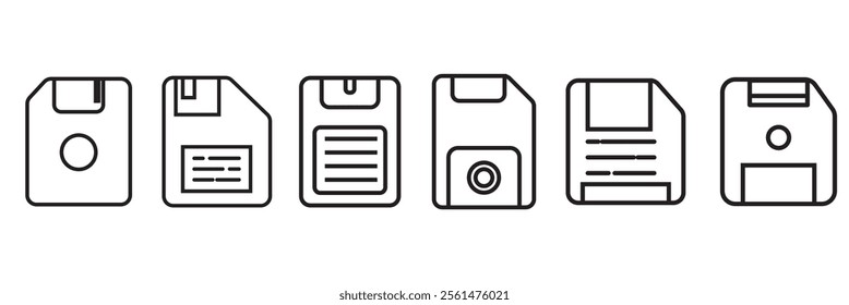 Floppy disk icon set. save file button icon set. diskette vector symbol in black filled and outline style. 333