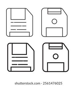 Floppy disk icon set. save file button icon set. diskette vector symbol in black filled and outline style. 333