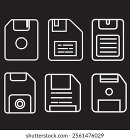 Floppy disk icon set. save file button icon set. diskette vector symbol in black filled and outline style. 333