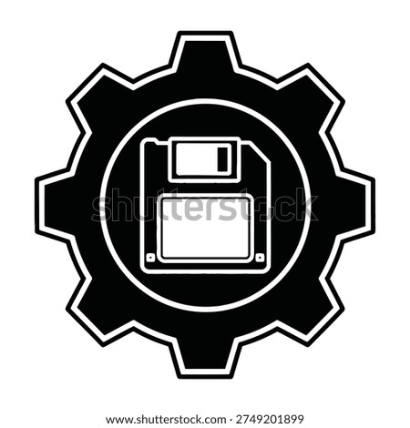 Floppy disk inside gear icon symbolizing data storage and technology
