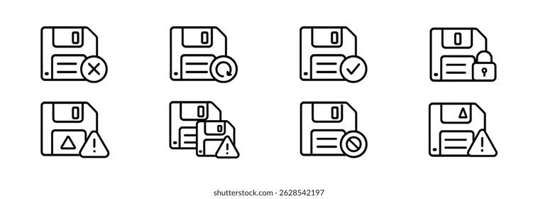 Floppy disk line icon set - outline data, file management symbols for digital use