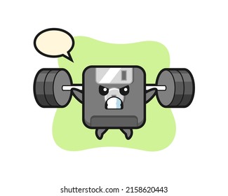 floppy disk mascot cartoon with a barbell , cute style design for t shirt, sticker, logo element