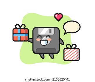 caricatura de mascota de disco flexible que da el regalo, diseño de estilo lindo para camiseta, pegatina, elemento logotipo
