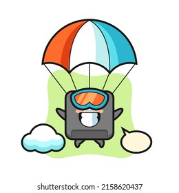 Floppy Disk Mascot Cartoon ist Skydiving mit fröhlicher Geste , süßes Design für T-Shirt, Aufkleber, Logo-Element