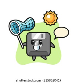 floppy disk mascot illustration is catching butterfly , cute style design for t shirt, sticker, logo element