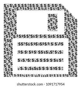 Floppy disk mosaic of dollars and round dots. Vector money symbols are grouped into floppy disk illustration.