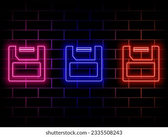 Floppy disk neon icon. Glowing neon floppy disk sign, outline memory pictogram in vivid color... green, red, yellow, pink, blue, orange