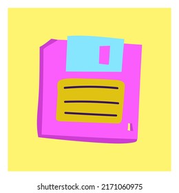 Un disquete en tonos neones al estilo de los 90. Ilustración vectorial plana