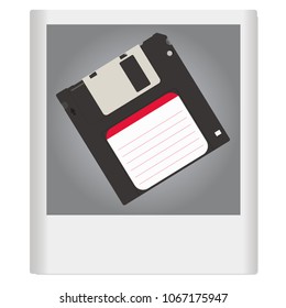 A floppy disk on an old photo. Vintage disk in the frame. Vector illustration.