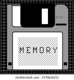 Floppy disk on squared background. Vector retrofuturistic black and white illustration with halftone pattern.