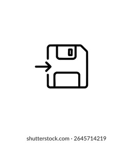 A floppy disk outline with an arrow pointing inwards, symbolizing a save action, drawn with 1.5px monoline strokes. Flat 2D vector.