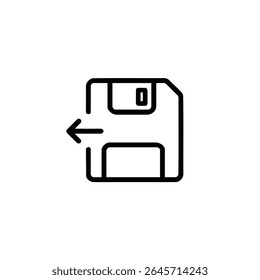 A floppy disk outline with an arrow pointing outwards, for load or export, drawn with 1.5px monoline strokes. Flat 2D vector design.