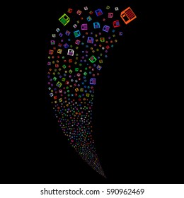 Floppy Disk random fireworks stream. Vector illustration style is flat bright multicolored iconic symbols on a black background. Object fountain done from scattered pictographs.