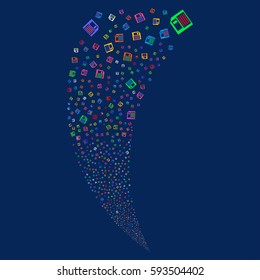 Floppy Disk random fireworks stream. Vector illustration style is flat bright multicolored iconic symbols on a blue background. Object fountain combined from scattered pictographs.