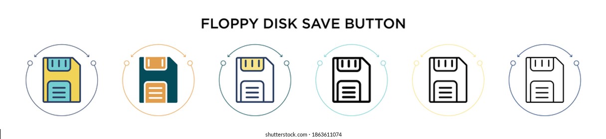 Floppy disk save button icon in filled, thin line, outline and stroke style. Vector illustration of two colored and black floppy disk save button vector icons designs can be used for mobile, ui, web
