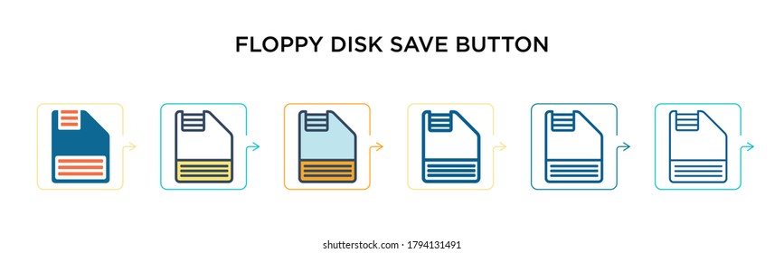 Floppy disk save button vector icon in 6 different modern styles. Black, two colored floppy disk save button icons designed in filled, outline, line and stroke style. Vector illustration can be used 