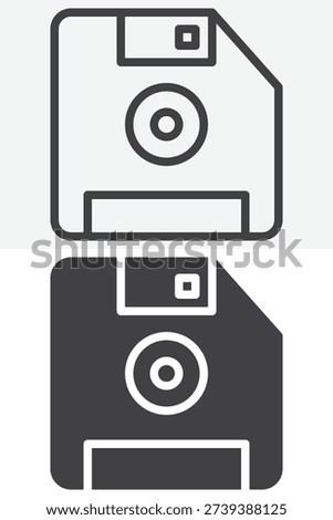 Floppy disk save icon set in line outline and solid style. Editable stroke vector icon, storage sign and symbol. Disk icon for save and backup.