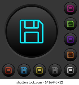 Floppy disk as save symbol dark push buttons with vivid color icons on dark grey background