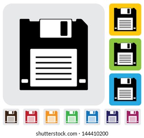 floppy disk for saving data icon(symbol)- simple vector graphic. This illustration has the floppy disk icon on grey, green, orange and blue backgrounds & useful for websites, documents, printing, etc