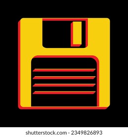 Floppy disk sign. 3D Extruded Yellow Icon with Red Sides a Black background. Illustration.