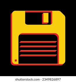 Floppy disk sign. 3D Extruded Yellow Icon with Red Sides a Black background. Illustration.