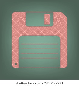 Signo de disquete. Icono de albaricoque con motivos gráficos de parqué rojo ladrillo en un fondo de Ebony. Feldgrau. Verde. Ilustración.