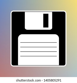 Floppy disk sign. Black icon in white shell at pastel color background. Illustration.