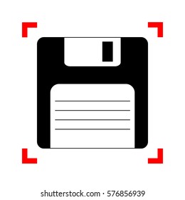 Floppy disk sign. Black icon in focus corners on white background. Isolated.