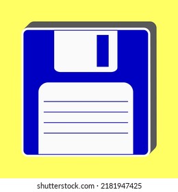 Floppy disk sign. Blue Icon with white stroke in 3d at yellow Background. Illustration.