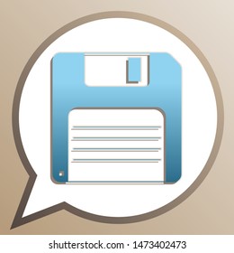 Floppy disk sign. Bright cerulean icon in white speech balloon at pale taupe background. Illustration.