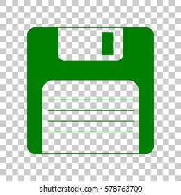 Floppy disk sign. Dark green icon on transparent background.