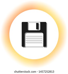 Floppy disk sign. Dark icon with shadow on the glowing circle button. Illustration.