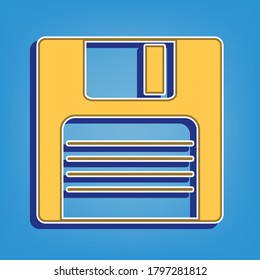 Floppy disk sign. Golden Icon with White Contour at light blue Background. Illustration.